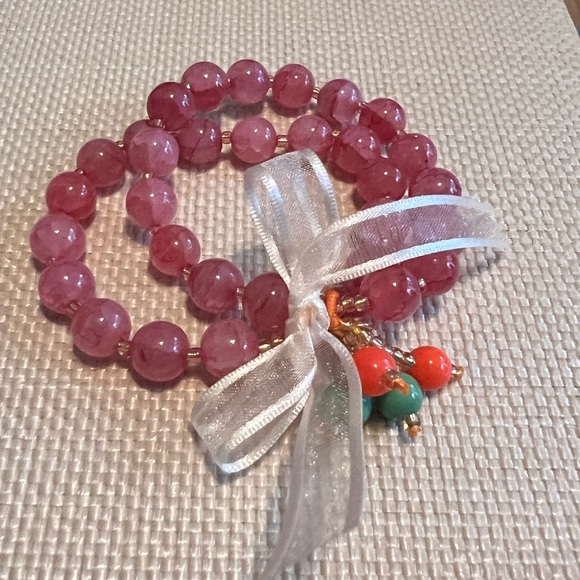 Set of 2 marbled blush colored glass beads stretch bracelets, with heart bag!💜💗💕 - Picture 4 of 5